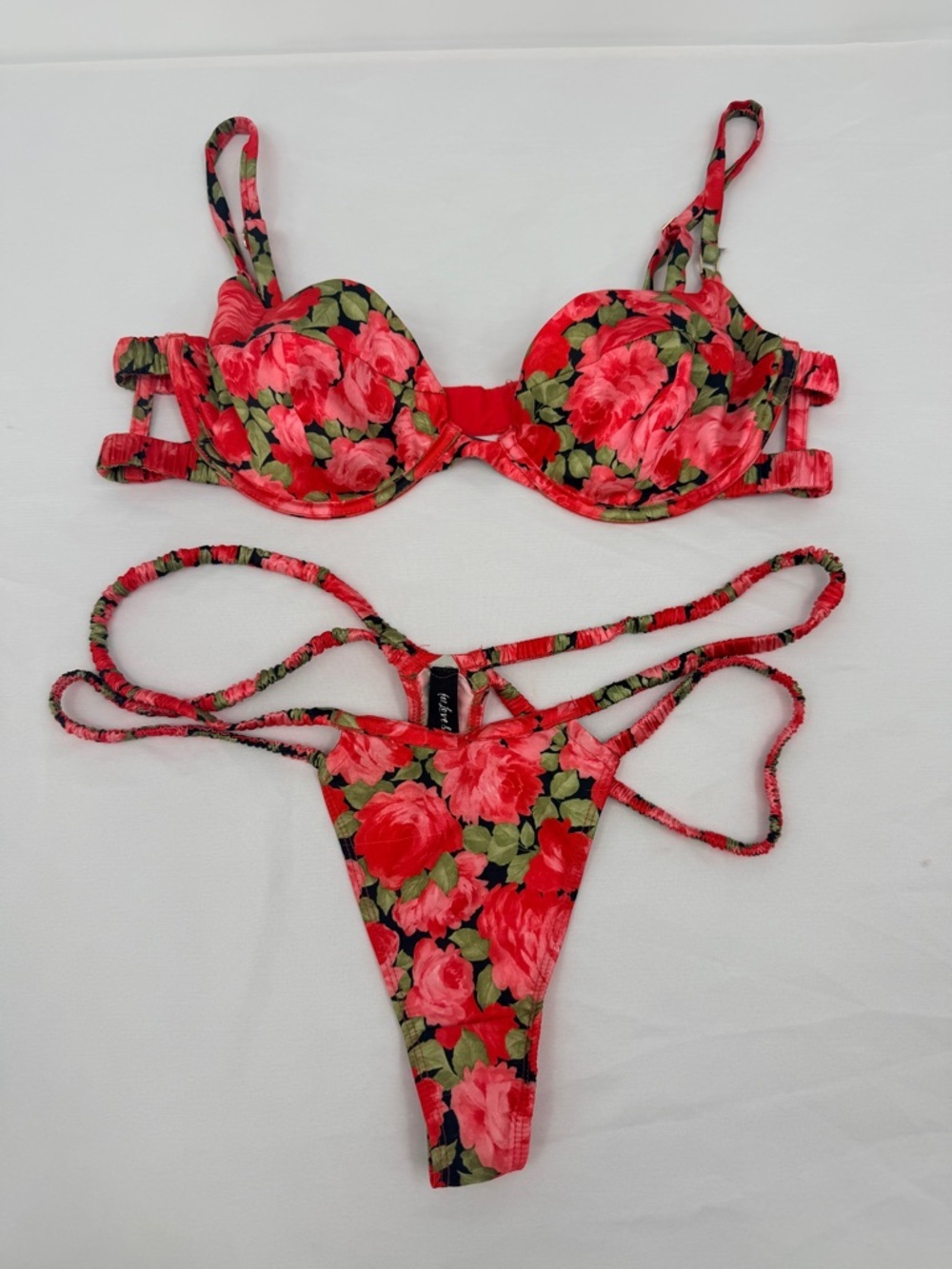 For Love & Lemons Floral Bikini Set L Top XL Bottom Strappy Red Swim - Picture 1 of 7